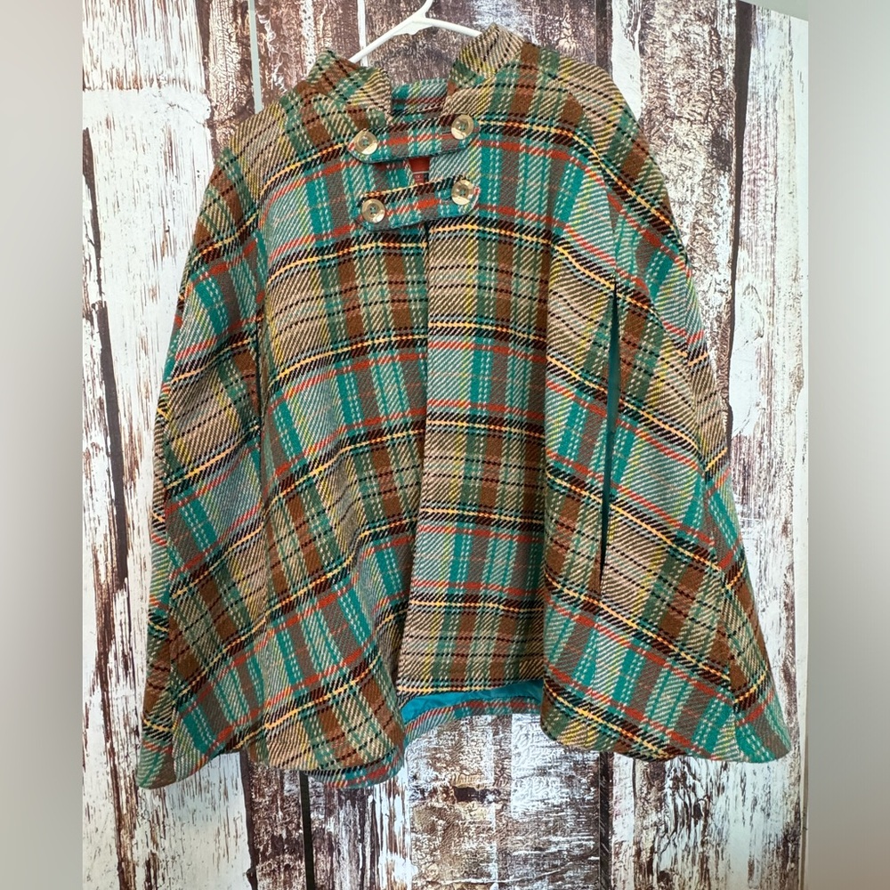 MODCLOTH Cape Women’s 1X Lined Green Blue Brown Tweed Multi Colored Plaid